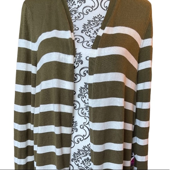 TALBOTS - Long sleeved green and white horizontal striped open sweater cardigan - Picture 2 of 10